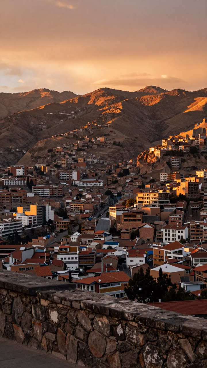 La Paz Andes Mountains And Urban Landscape From Historic Vantage Point at Sunset Light in in La Paz, Bolivia