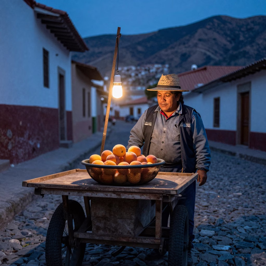 La Paz Blue Hour Street Vendor with Apricots and Mesh Colander in in La Paz, Bolivia