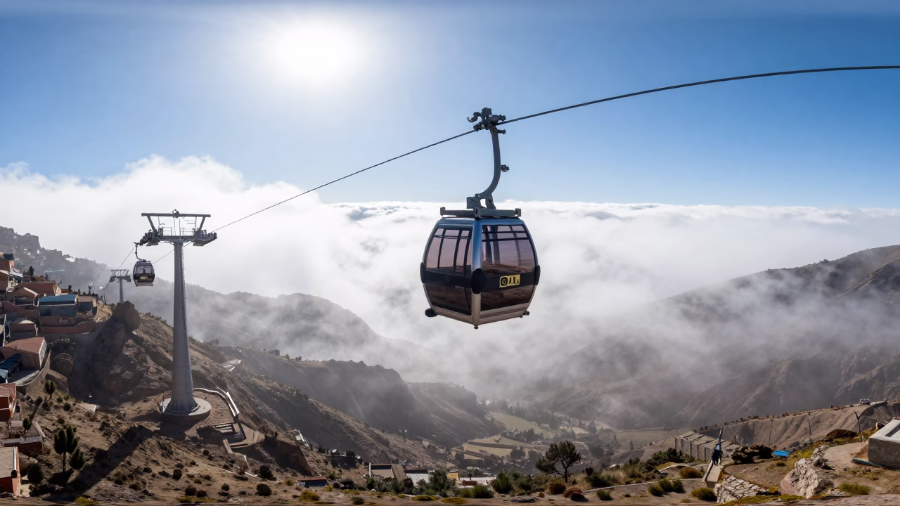 La Paz Bolivia Aerial Tramway Crossing High Altitude Fog Valley Bright Midmorning Light in in La Paz, Bolivia