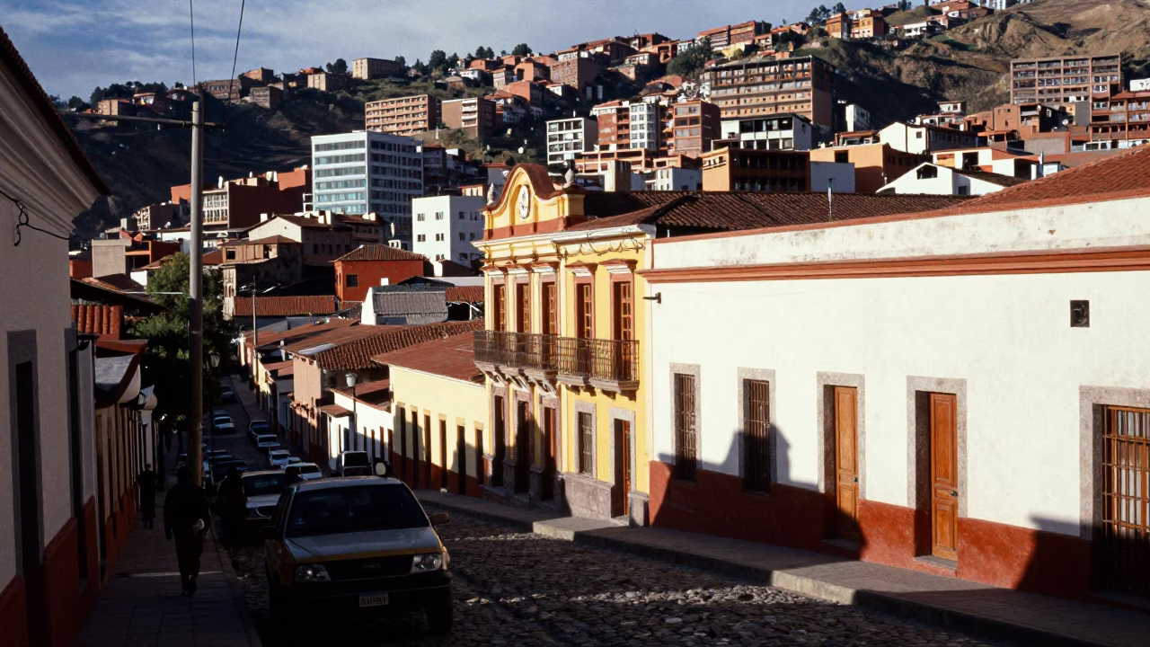 La Paz Bolivia Afternoon Street Scene with Colorful Architecture and Local Market Activity in in La Paz, Bolivia