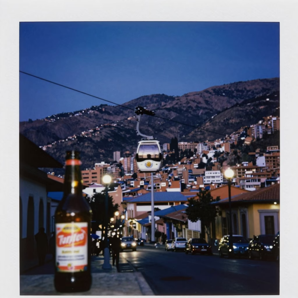 La Paz Bolivia Blue Hour Street Scene With Bottle And Urban Architecture in in La Paz, Bolivia