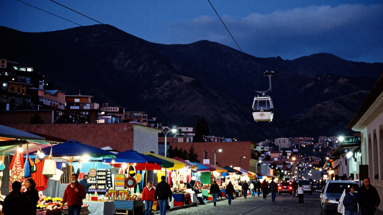 La Paz Bolivia Blue Hour Street Scene with Cable Car and Colorful Market Stalls in in La Paz, Bolivia