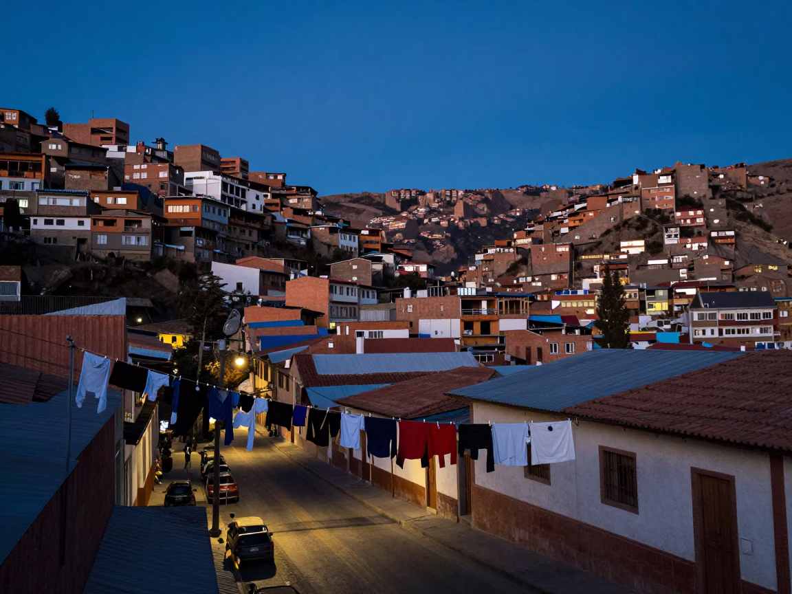 La Paz Bolivia Blue Hour Street Scene with Hanging Laundry and Urban Architecture in in La Paz, Bolivia