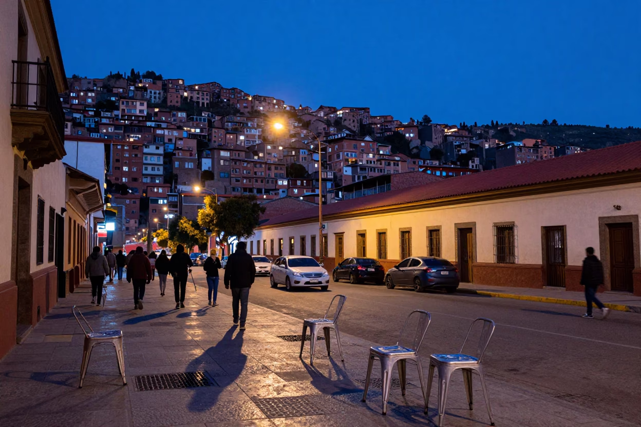 La Paz Bolivia Blue Hour Street Scene With Metal Stools And Condensation in in La Paz, Bolivia