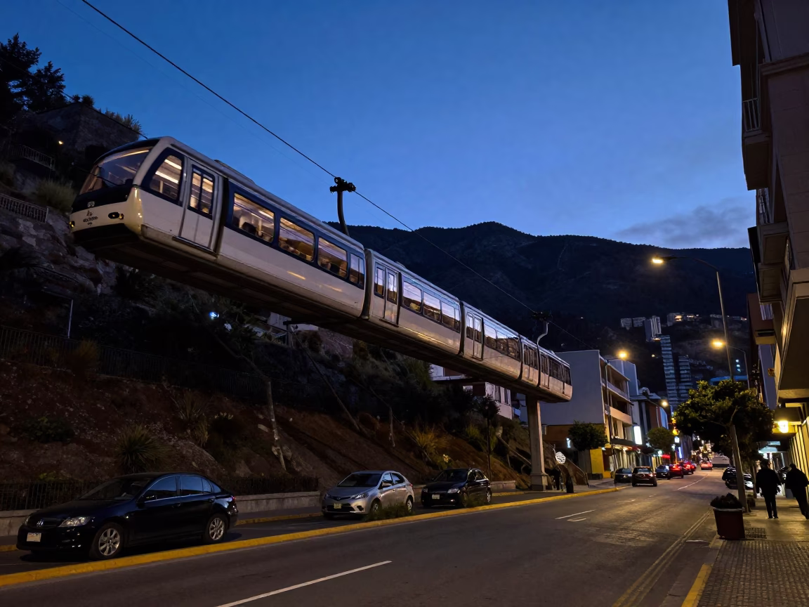 La Paz Bolivia blue hour street scene with monorail reflection and urban architecture in in La Paz, Bolivia