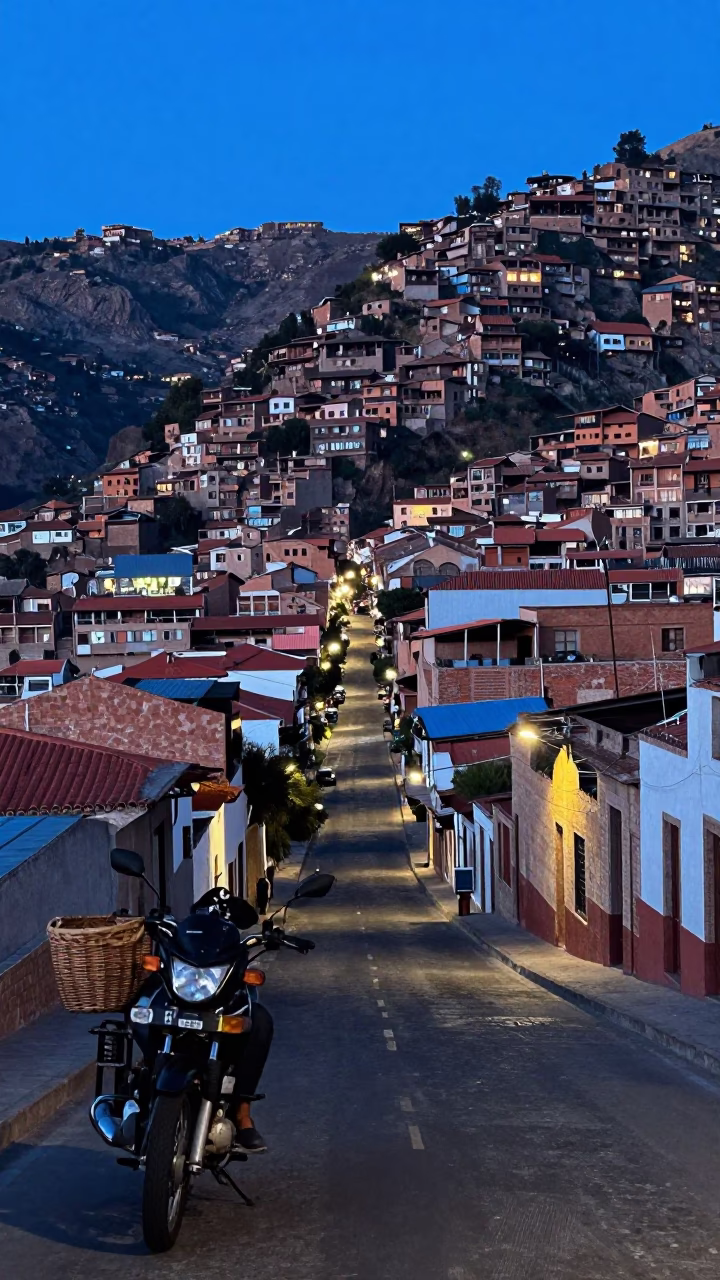 La Paz Bolivia Blue Hour Street Scene with Motorcycle and Wicker Basket in in La Paz, Bolivia