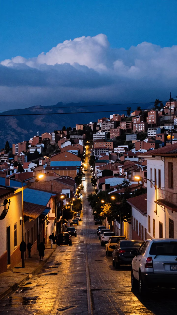 La Paz Bolivia Blue Hour Street Scene with Rack Railway Above Clouds in in La Paz, Bolivia
