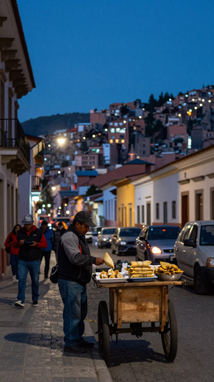 La Paz Bolivia Blue Hour Street Scene With Tamales and Urban Life in in La Paz, Bolivia