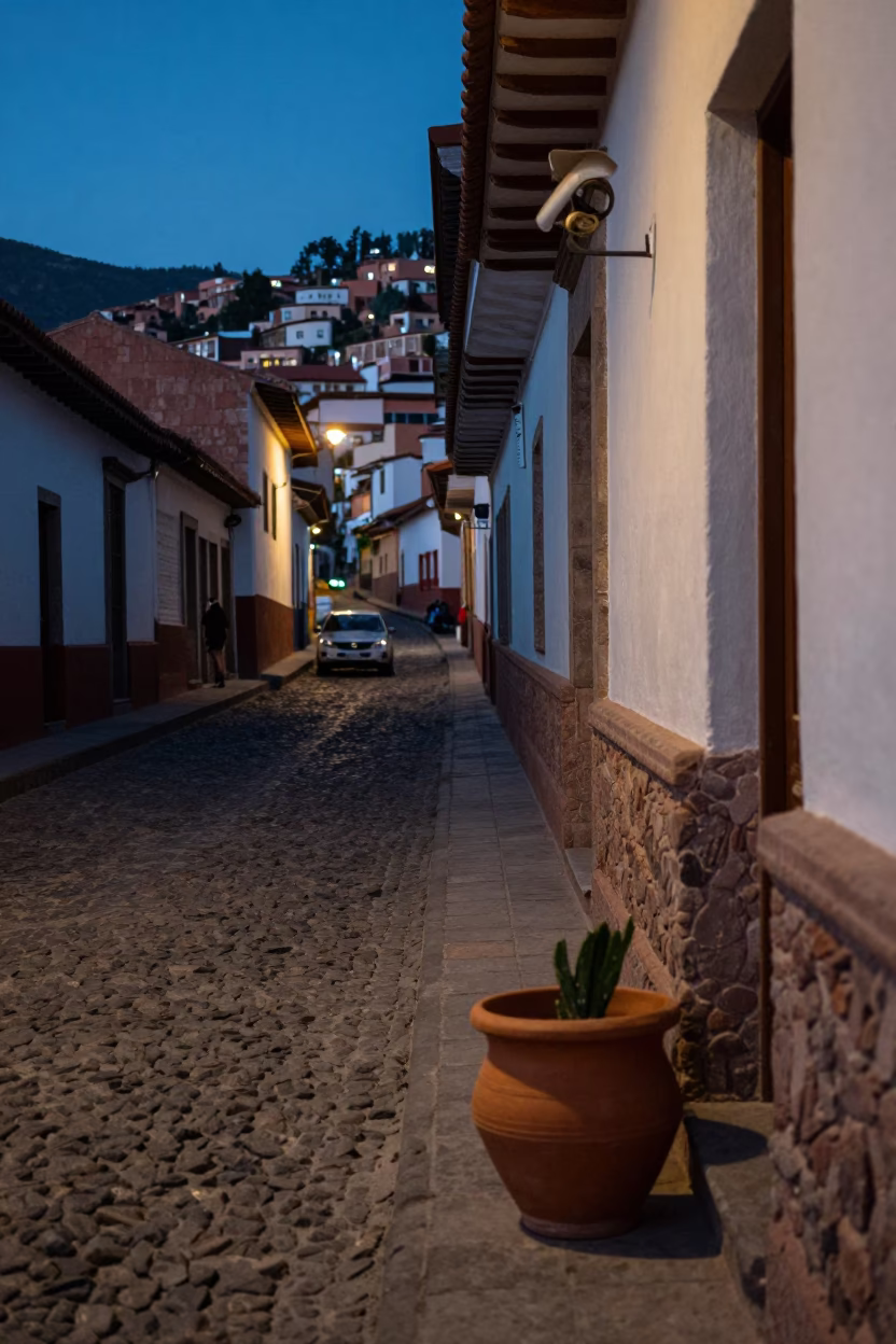 La Paz Bolivia Blue Hour Street Scene with Terracotta Pot and Doorknob in in La Paz, Bolivia