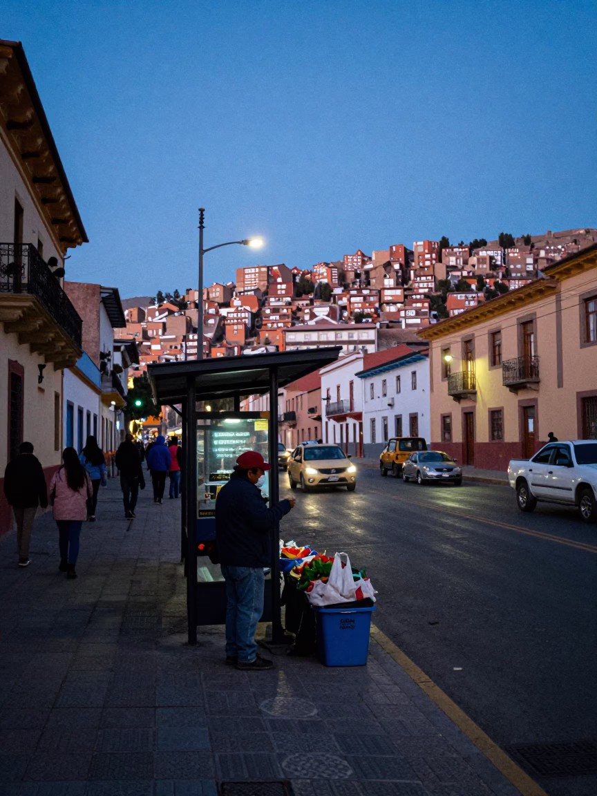 La Paz Bolivia blue hour street scene with vendor and urban life in in La Paz, Bolivia