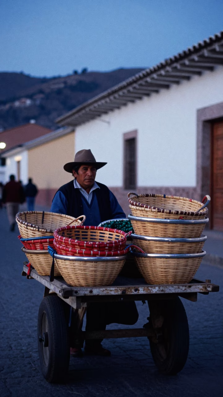 La Paz Bolivia Blue Hour Street Scene with Vendor and Woven Baskets in in La Paz, Bolivia