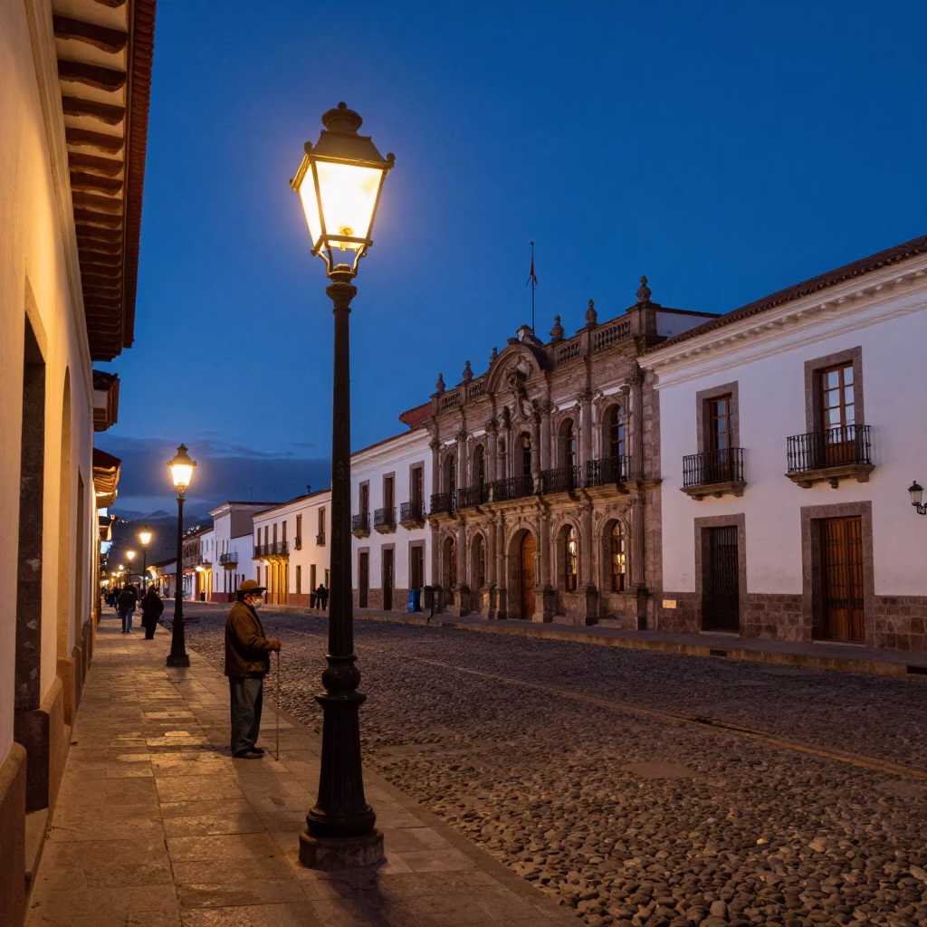 La Paz Bolivia Blue Hour Street Scene With Vintage Oil Lamp And Cobblestone Plaza in in La Paz, Bolivia