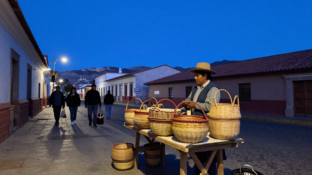 La Paz Bolivia Blue Hour Street Scene with Woven Baskets and Local Commerce in in La Paz, Bolivia
