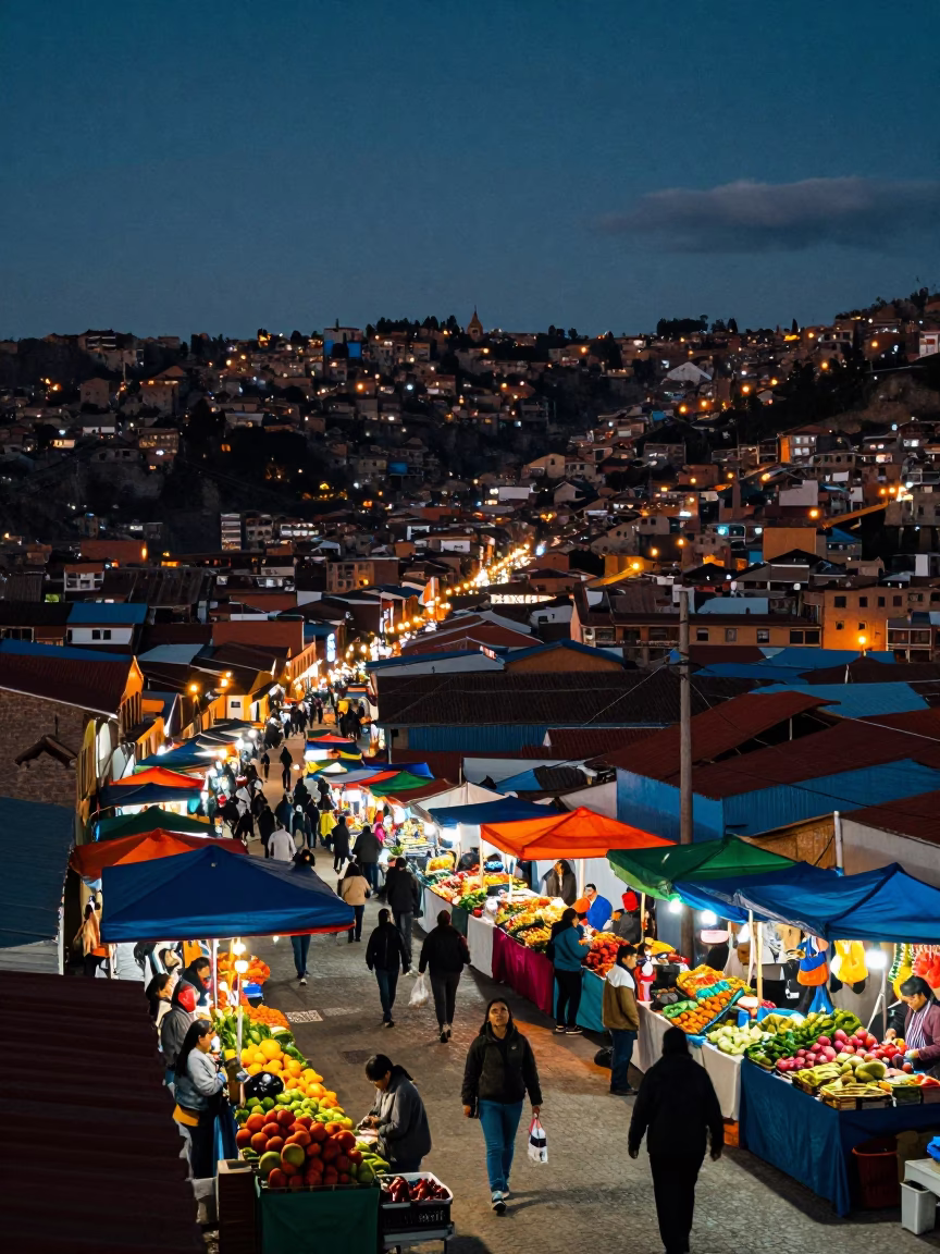 La Paz Bolivia City Lights Glow Over Colorful Street Market and Local Life in in La Paz, Bolivia