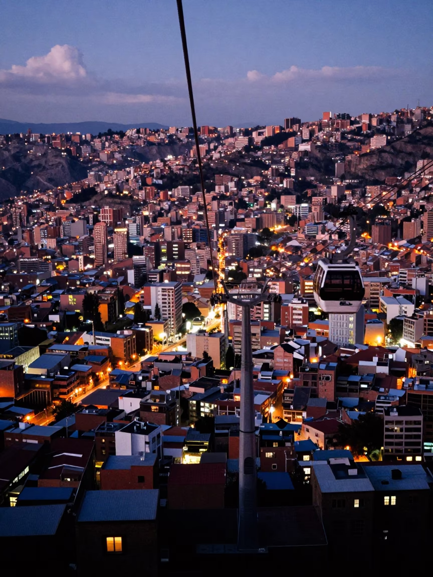 La Paz Bolivia Cityscape at Dusk with Cable Car and Urban Lights in in La Paz, Bolivia