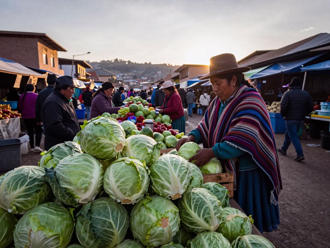 La Paz Bolivia Dawn Market Scene with Cabbages and Tiffin Tin at First Light in in La Paz, Bolivia