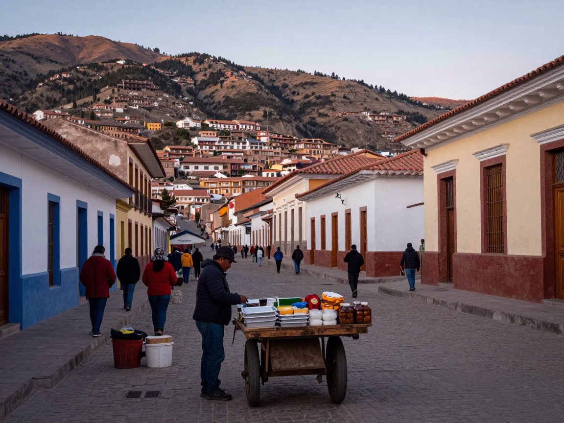 La Paz Bolivia Dawn Street Market Scene with Traditional Food and Urban Landscape in in La Paz, Bolivia