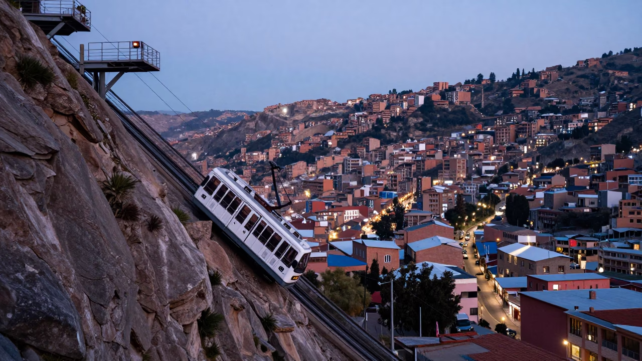 La Paz Bolivia Dawn Street Scene with Funicular Railway and City Architecture in in La Paz, Bolivia