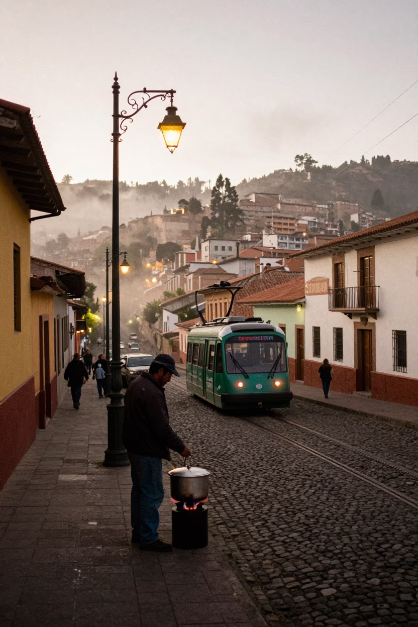 La Paz Bolivia Dawn Street Scene with Monorail and Lantern in Fog in in La Paz, Bolivia