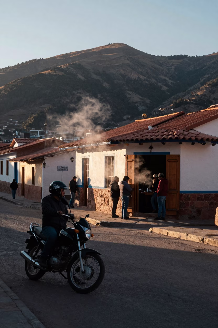 La Paz Bolivia Dawn Street Scene with Motorcycle and Mountain Teahouse in in La Paz, Bolivia