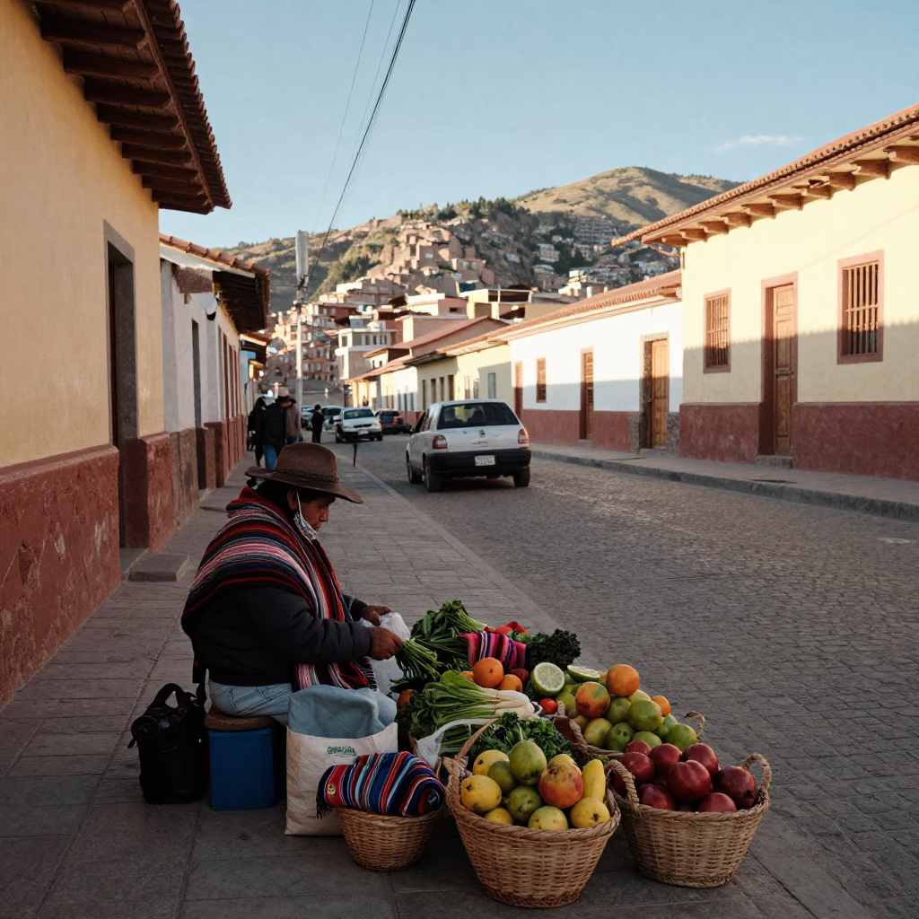 La Paz Bolivia Early Afternoon Street Scene with Local Vendor and Andean Landscape Background in in La Paz, Bolivia