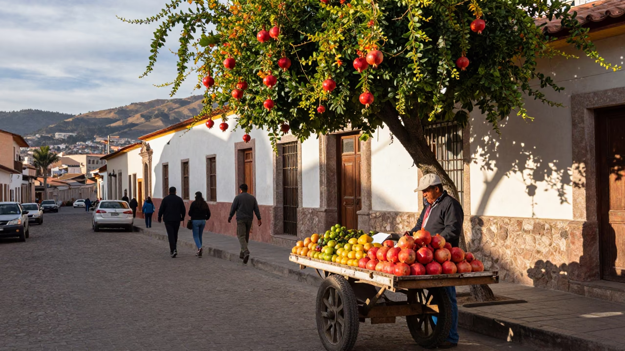 La Paz Bolivia Early Afternoon Street Scene with Pomegranate and Vine in in La Paz, Bolivia