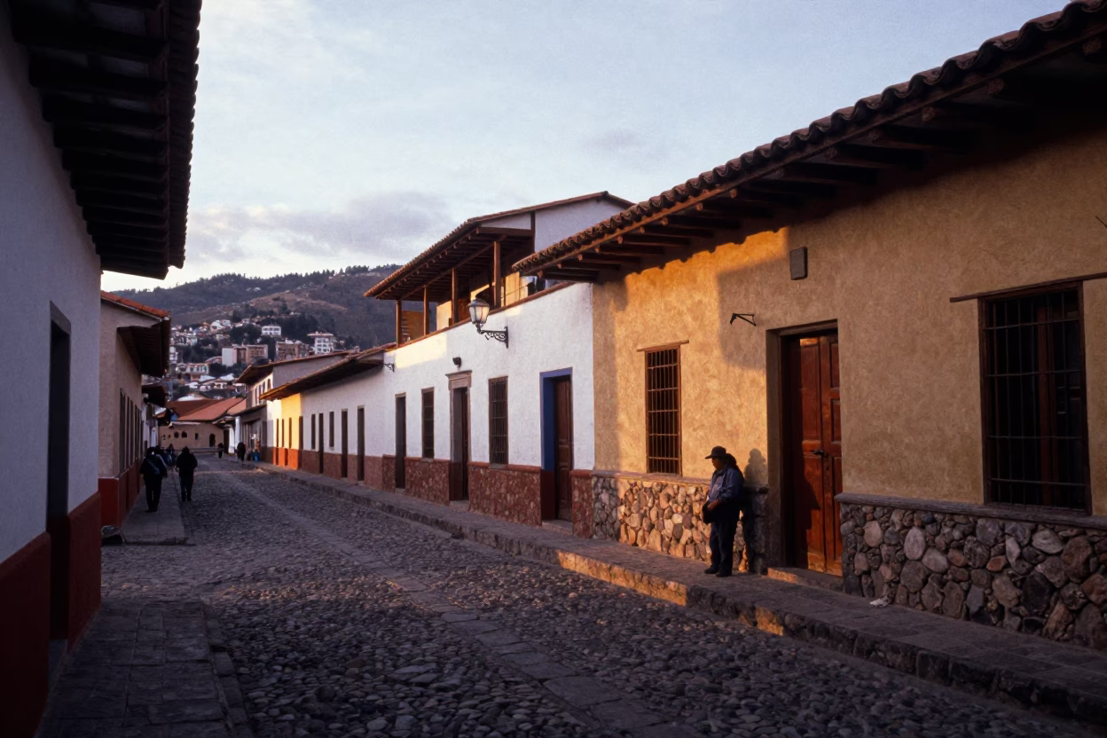 La Paz Bolivia Early Evening Street Scene With Andean Architecture And Local Life in in La Paz, Bolivia