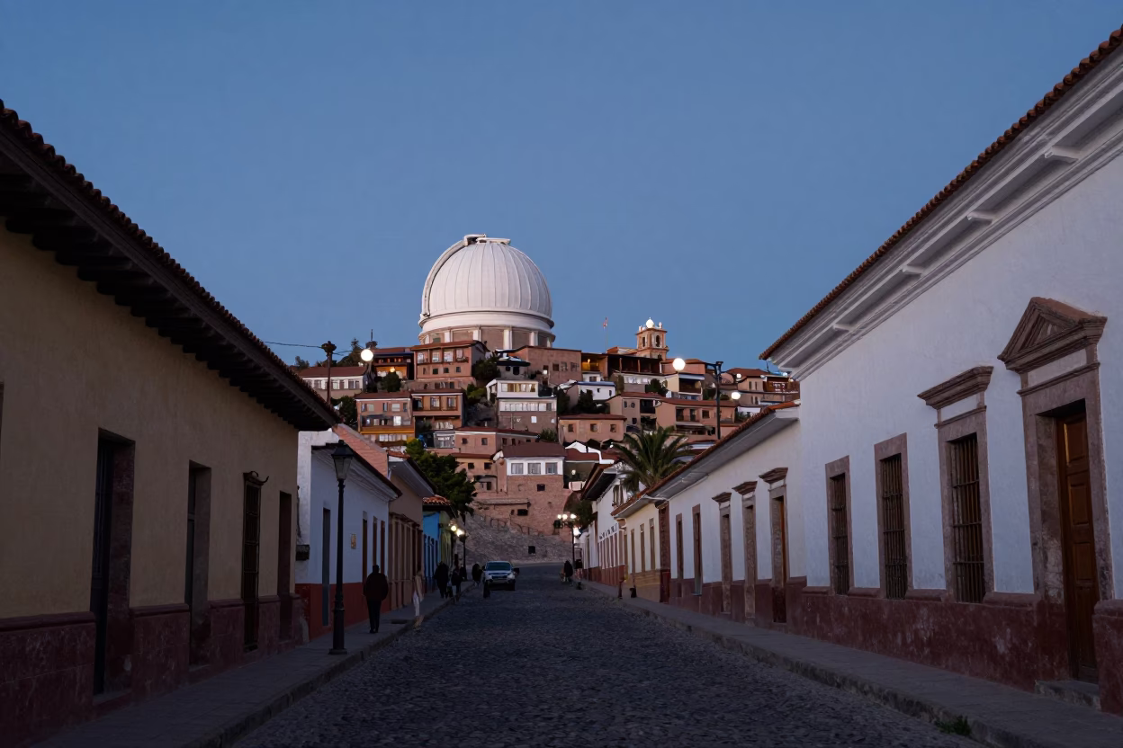 La Paz Bolivia Early Evening Street Scene With Observatory Dome And Car Headlights in in La Paz, Bolivia