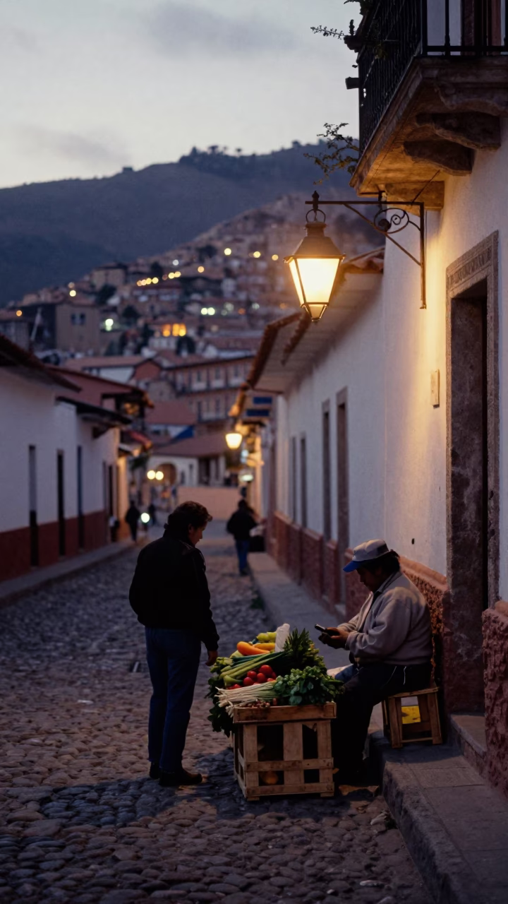 La Paz Bolivia Early Morning Street Scene with Lantern and Local Commerce in in La Paz, Bolivia