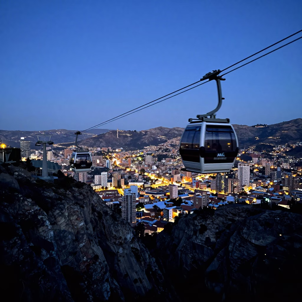 La Paz Bolivia Evening Cable Car Crossing Gorge with City Lights Below in in La Paz, Bolivia