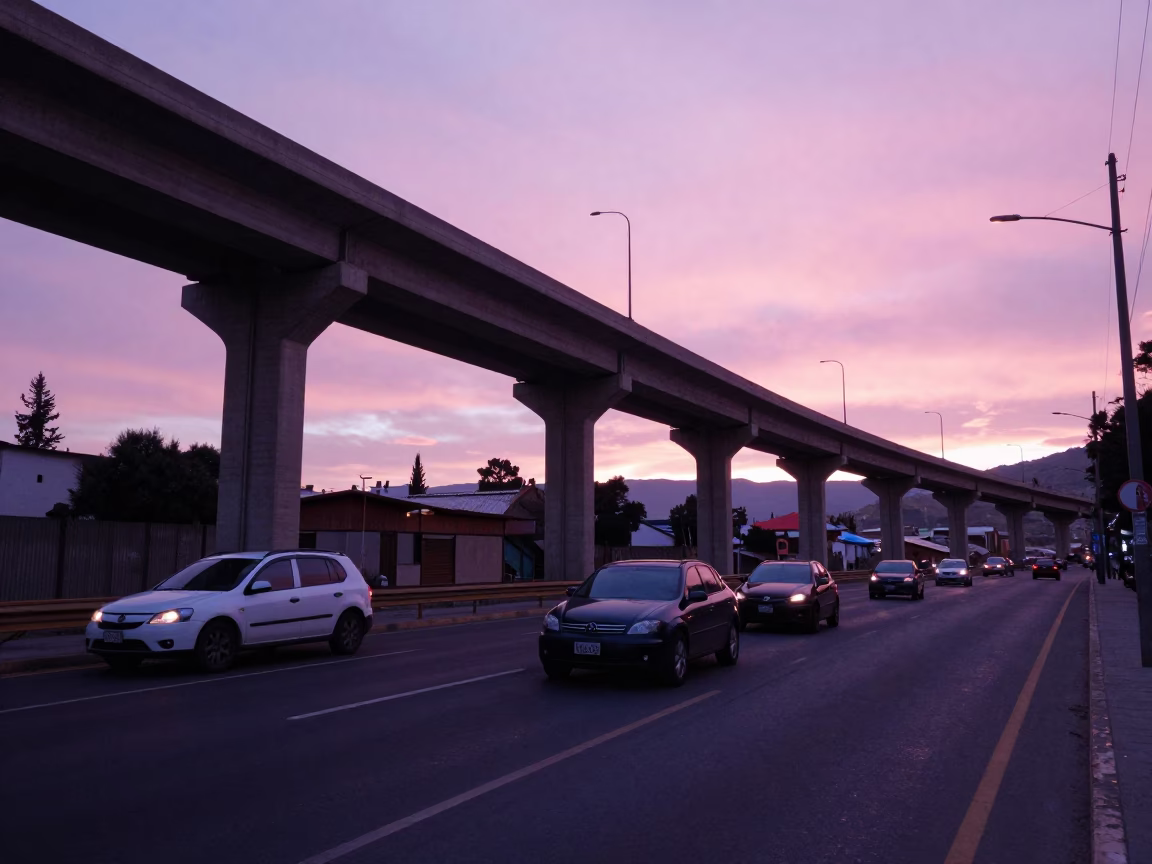 La Paz Bolivia Evening Highway Flyover Stack Cutting Across Pink Sky in in La Paz, Bolivia