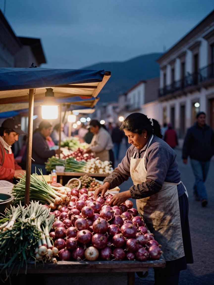 La Paz Bolivia Evening Street Market Scene with Aprons and Onions in in La Paz, Bolivia