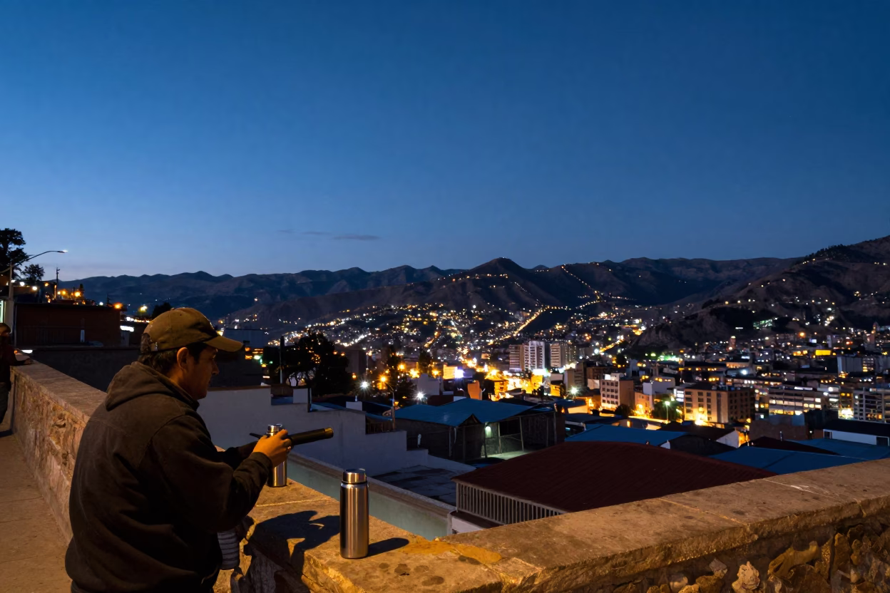 La Paz Bolivia Evening Street Scene with Baker and Thermos in in La Paz, Bolivia
