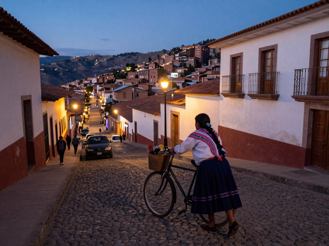 La Paz Bolivia Evening Street Scene with Bicycle Basket and Local Life in in La Paz, Bolivia