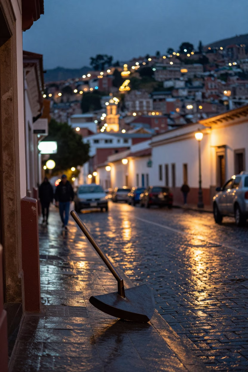 La Paz Bolivia Evening Street Scene with Boot Scraper and City Lights Glowing in in La Paz, Bolivia