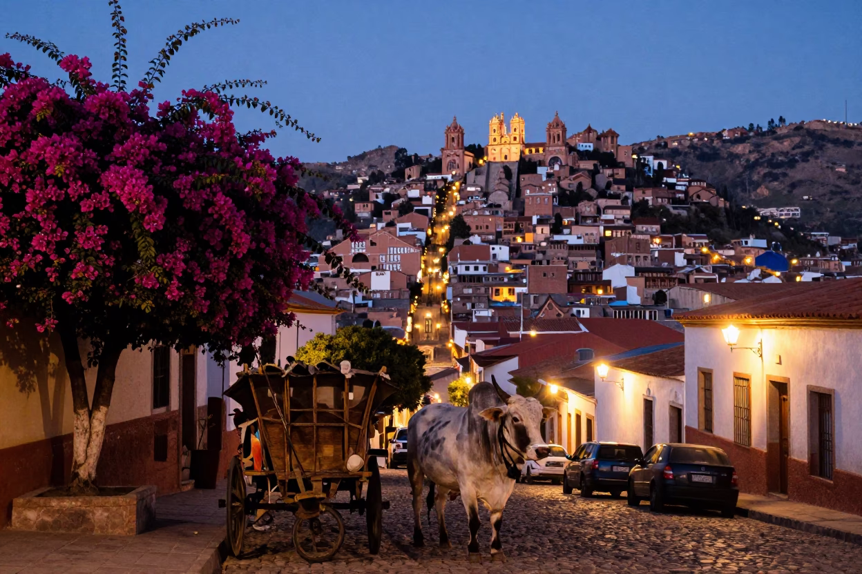 La Paz Bolivia Evening Street Scene with Bougainvillea and Ox Cart at Dusk in in La Paz, Bolivia