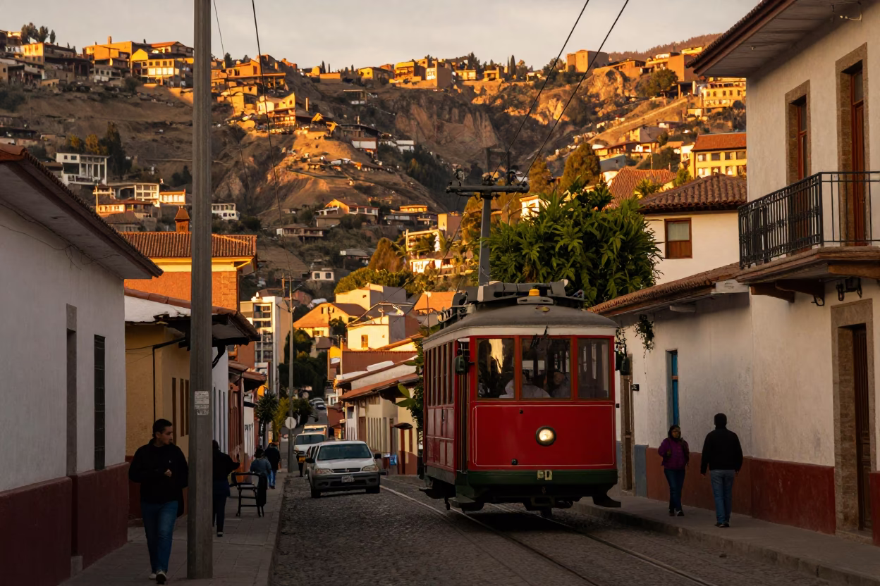 La Paz Bolivia Evening Street Scene with Cable Car and Local Vendors in in La Paz, Bolivia