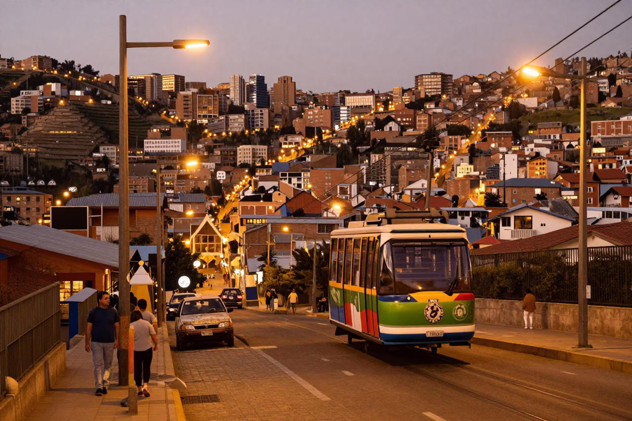 La Paz Bolivia Evening Street Scene with Cable Cars and City Lights Glow in in La Paz, Bolivia