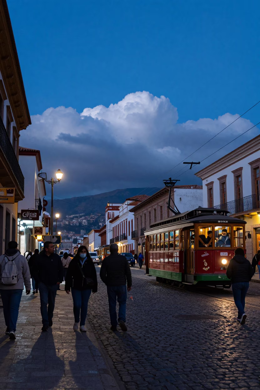 La Paz Bolivia Evening Street Scene with Cable Cars and Clouds in in La Paz, Bolivia