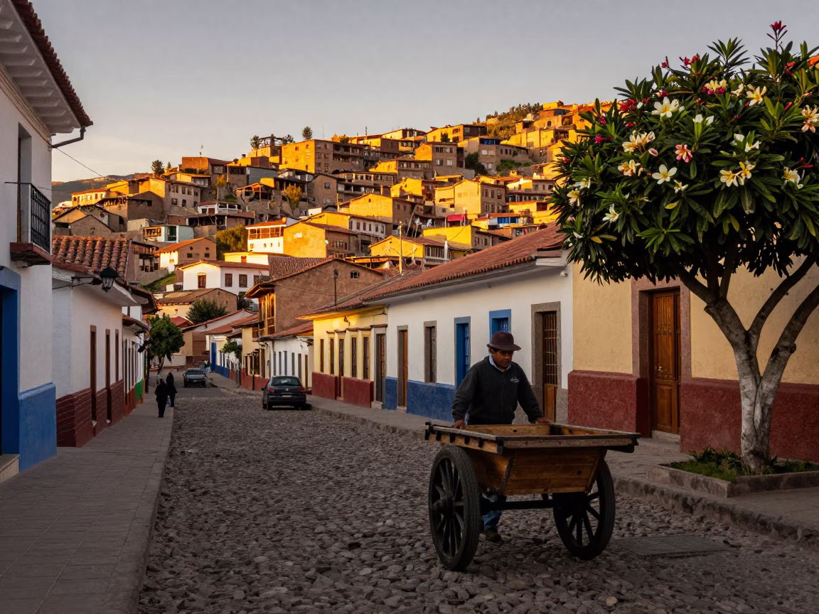 La Paz Bolivia Evening Street Scene with Caster Wheel and Plumeria Petals in in La Paz, Bolivia