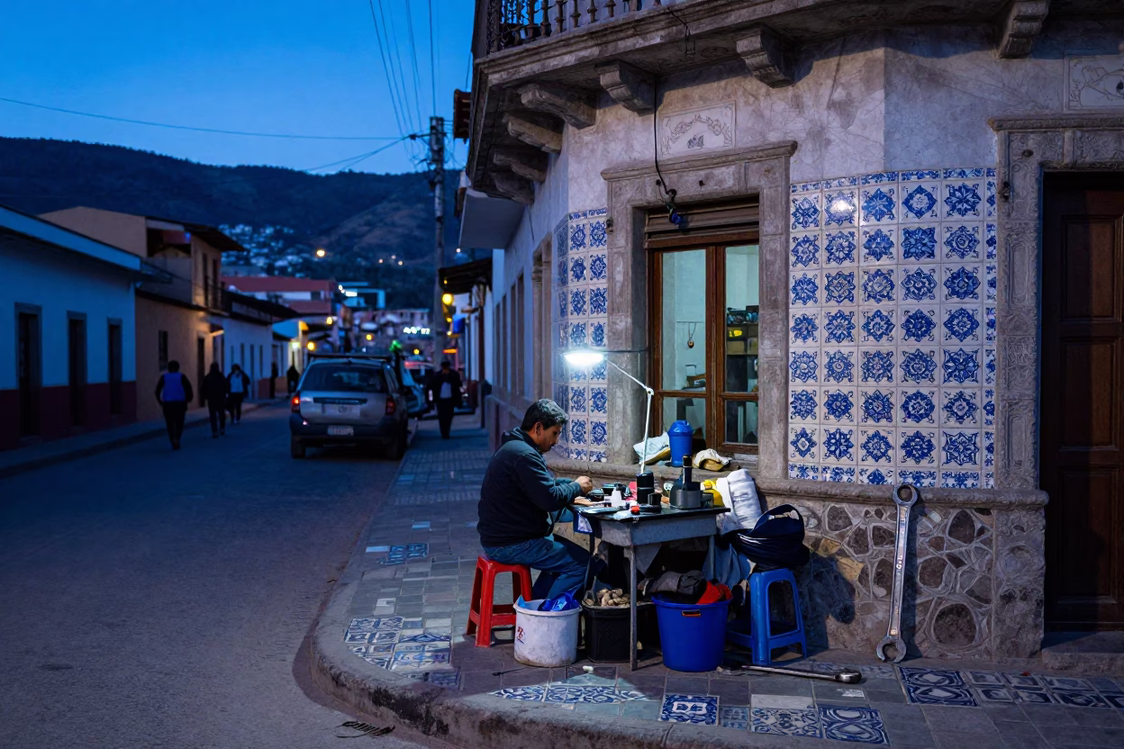 La Paz Bolivia Evening Street Scene with Ceramic Tiles and Wrench in in La Paz, Bolivia
