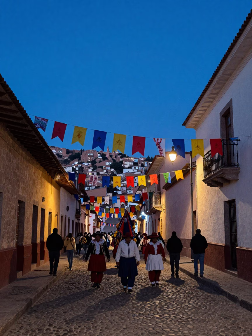La Paz Bolivia Evening Street Scene with Colorful Banners and Local Life in in La Paz, Bolivia