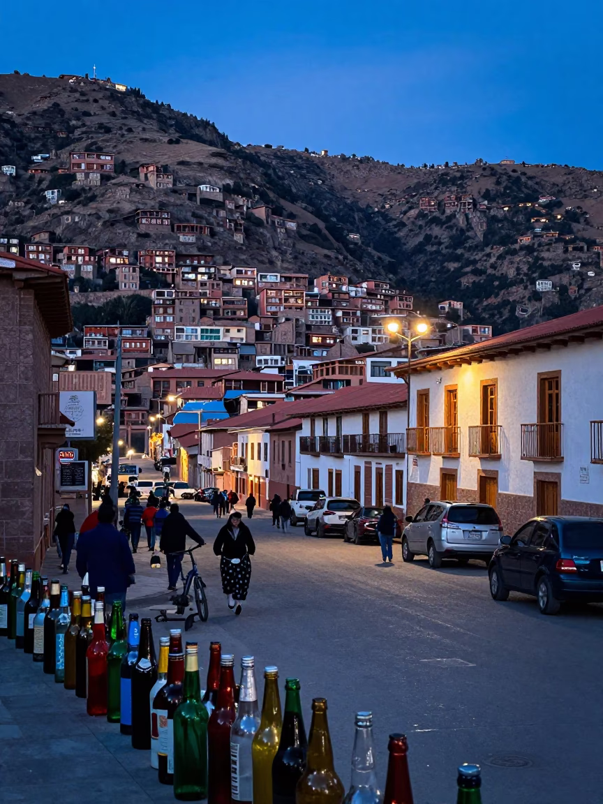 La Paz Bolivia Evening Street Scene with Colorful Glass Bottles and Local Market Activity in in La Paz, Bolivia