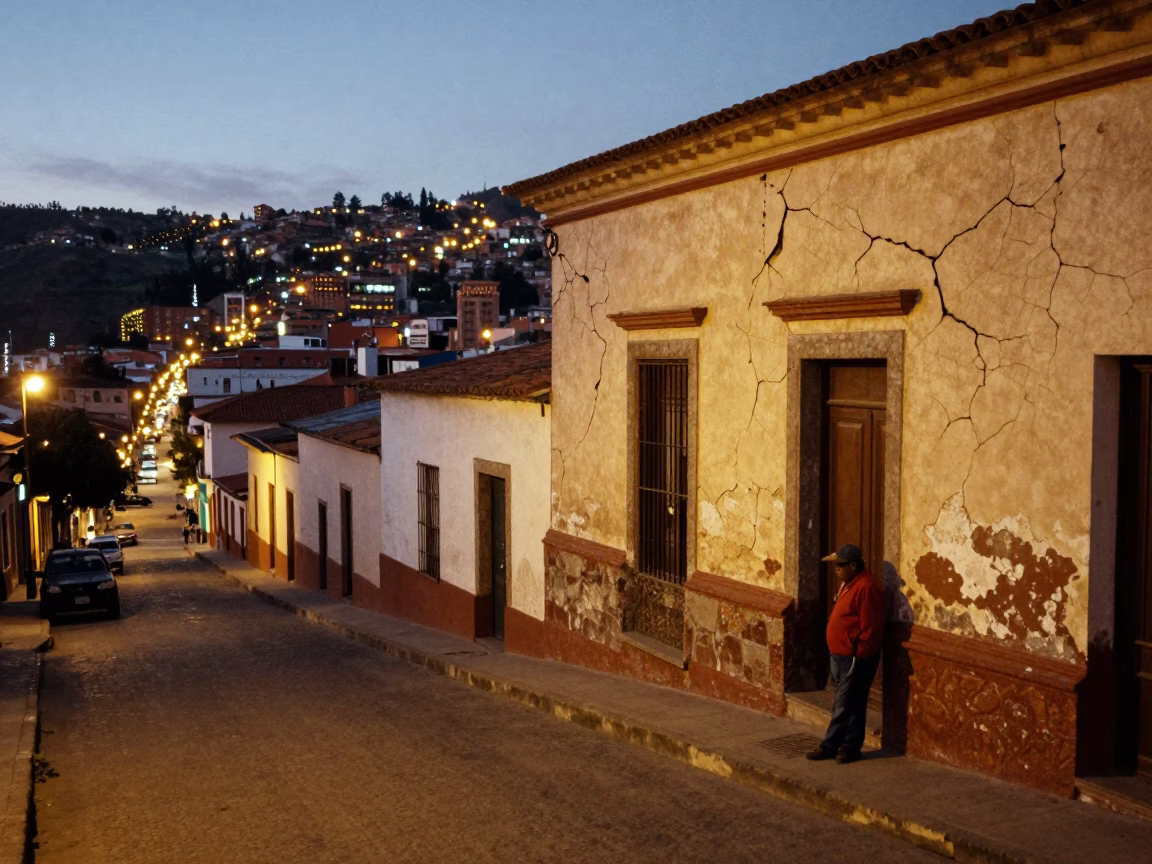 La Paz Bolivia Evening Street Scene with Cracked Stucco and City Lights in in La Paz, Bolivia