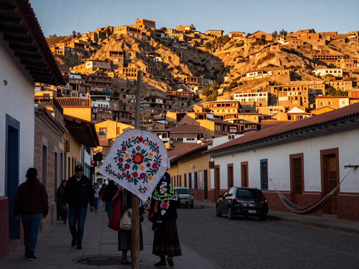 La Paz Bolivia Evening Street Scene with Embroidery Hoop and Hammock in in La Paz, Bolivia