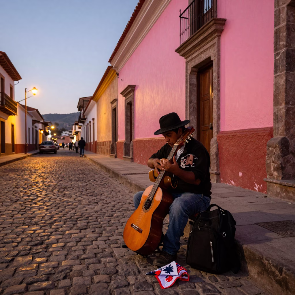 La Paz Bolivia Evening Street Scene with Guitar and Handkerchief in Honeyed Light in in La Paz, Bolivia