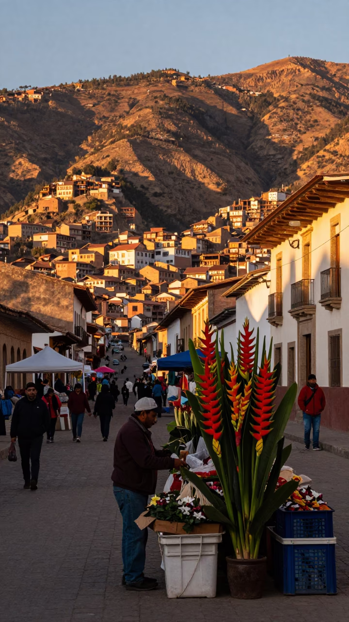 La Paz Bolivia Evening Street Scene with Heliconia and Local Market Activity in in La Paz, Bolivia