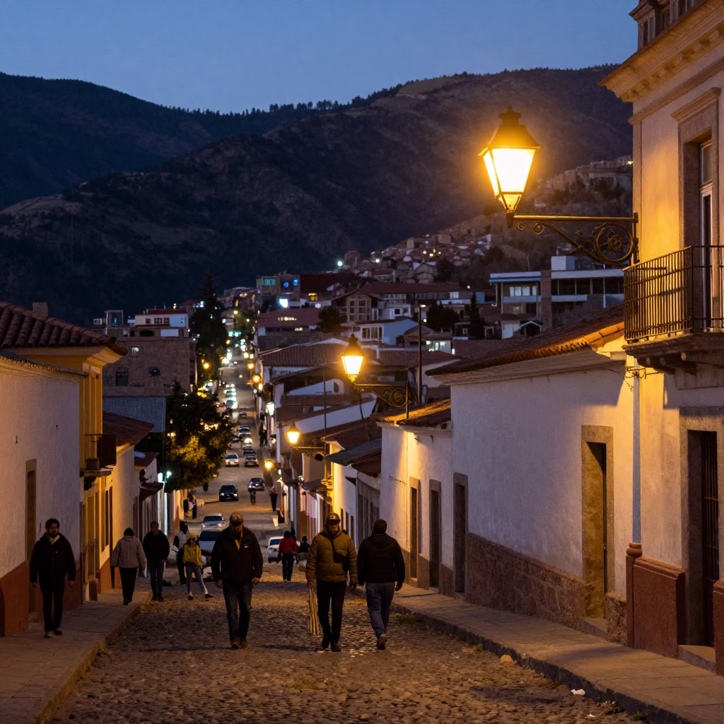 La Paz Bolivia Evening Street Scene With Lanterns And Local Activity in in La Paz, Bolivia