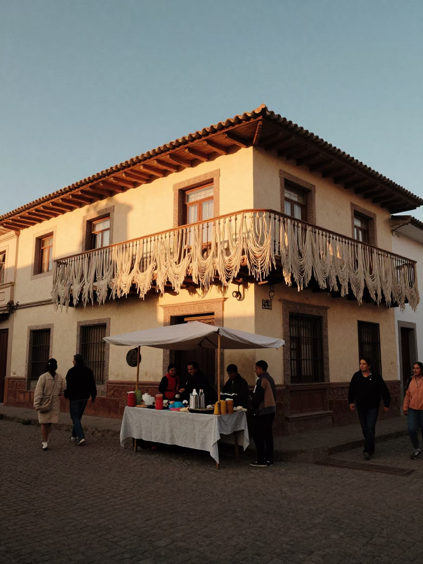 La Paz Bolivia Evening Street Scene with Linen Fringe and Local Commerce in in La Paz, Bolivia