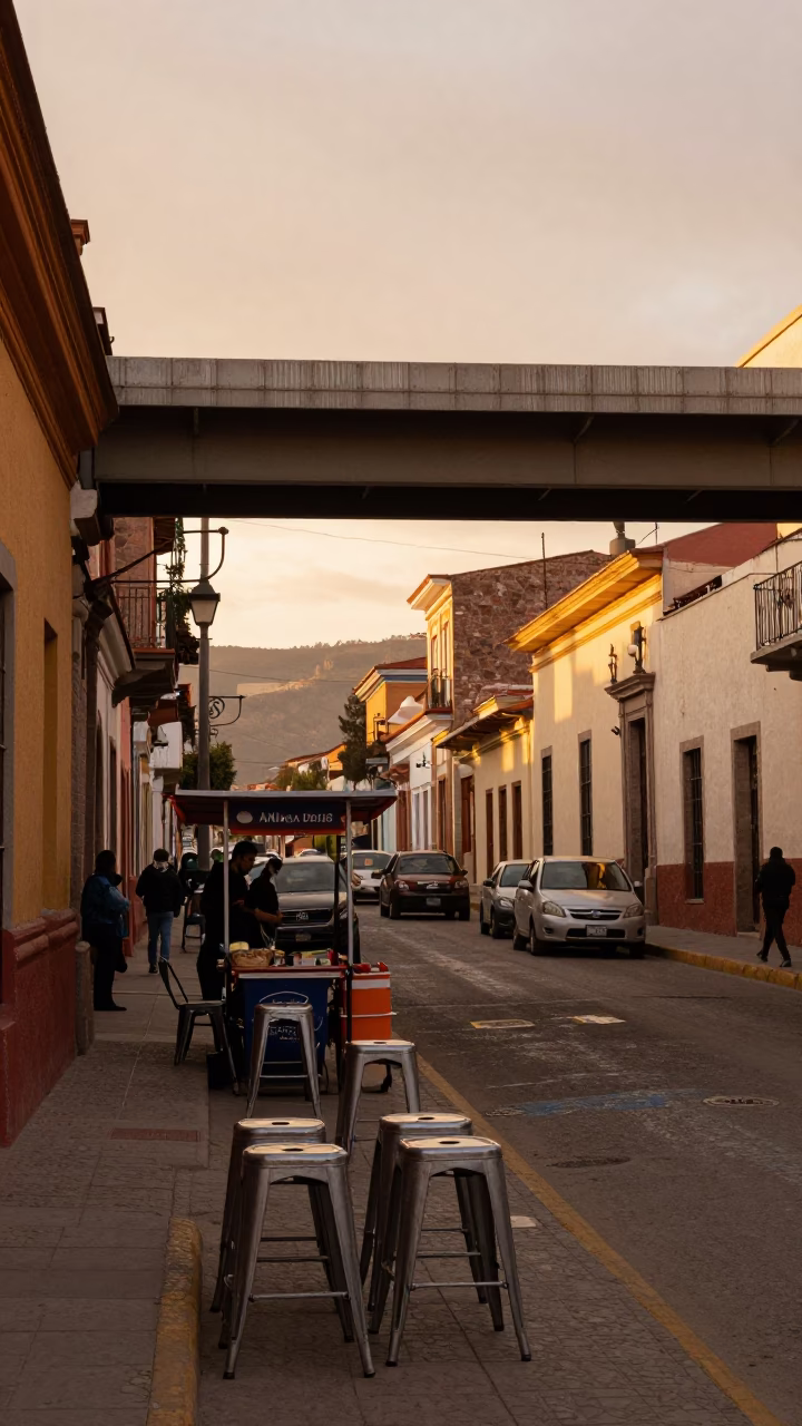 La Paz Bolivia Evening Street Scene with Metal Stools and Overpass Ramp in in La Paz, Bolivia